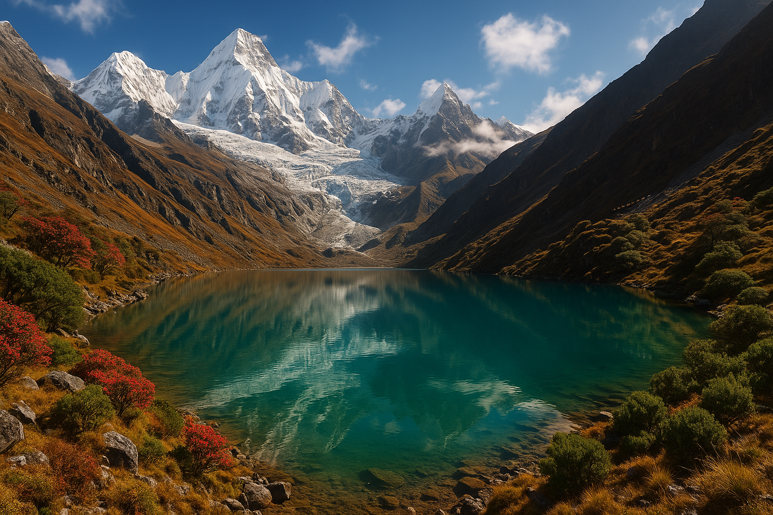 A beautiful lake near a glacier, surrounded by beautiful mountain and  high land plants on the Himalaya, untouched and pristine.