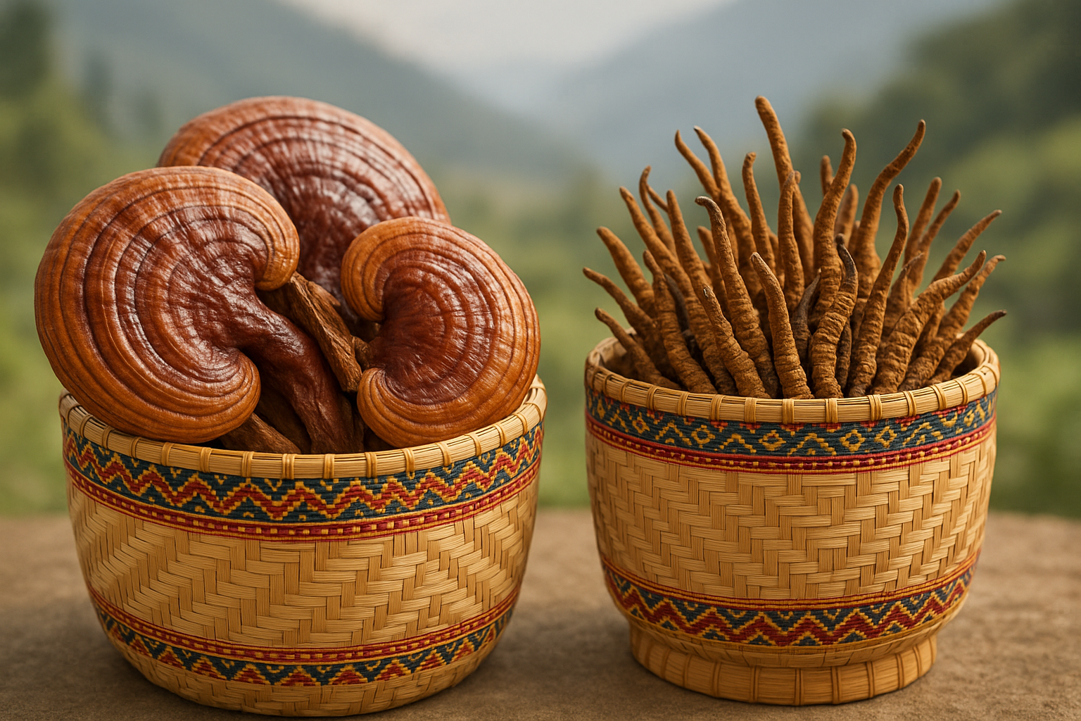 A pile of Reishi Mushroom and Cordyceps Sinensis sourced from the Pure sourced of Bhutan and placed into a two beautiful Bhutanese baskets.