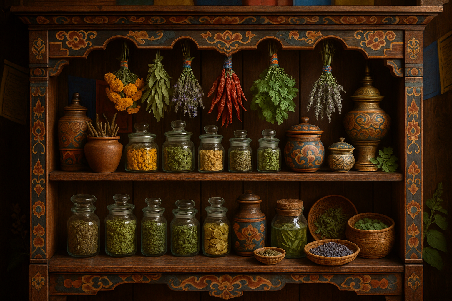 A shelf filled with pure herbs beautifully stored on Shelves. Make the shelf in Bhutanese style with beautiful flowers and herbs handing from the top shelf 