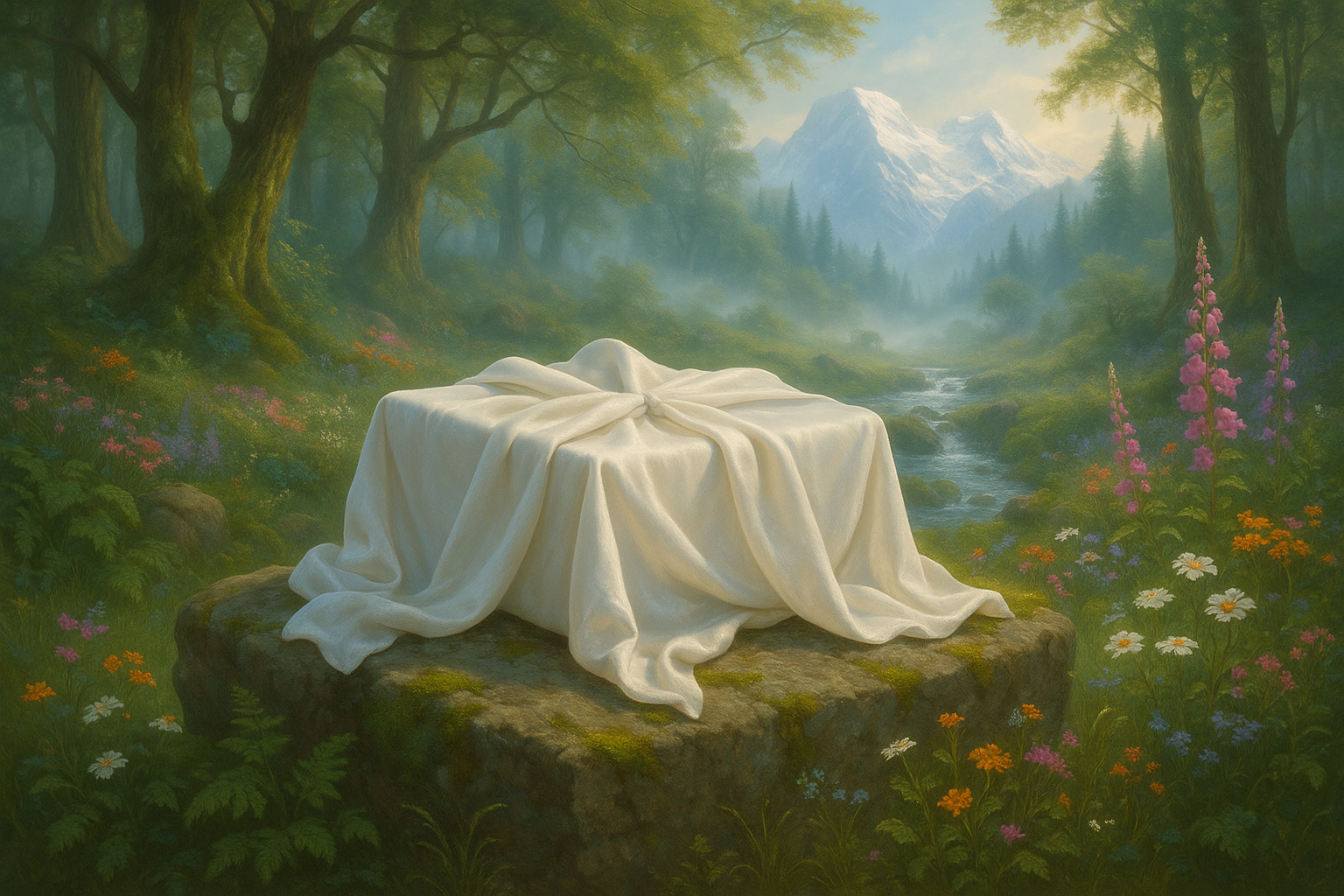 Create a beautiful small rectangular box warped by white silk clothes, it is waiting to be unravelled, and the box wrapped in while silk in siting on a rock, with beautiful forest and garden and glaciers in the background. The image is intended to create a mystic and feel of curiosity. Make the background beautiful and filled with so much of Nature.