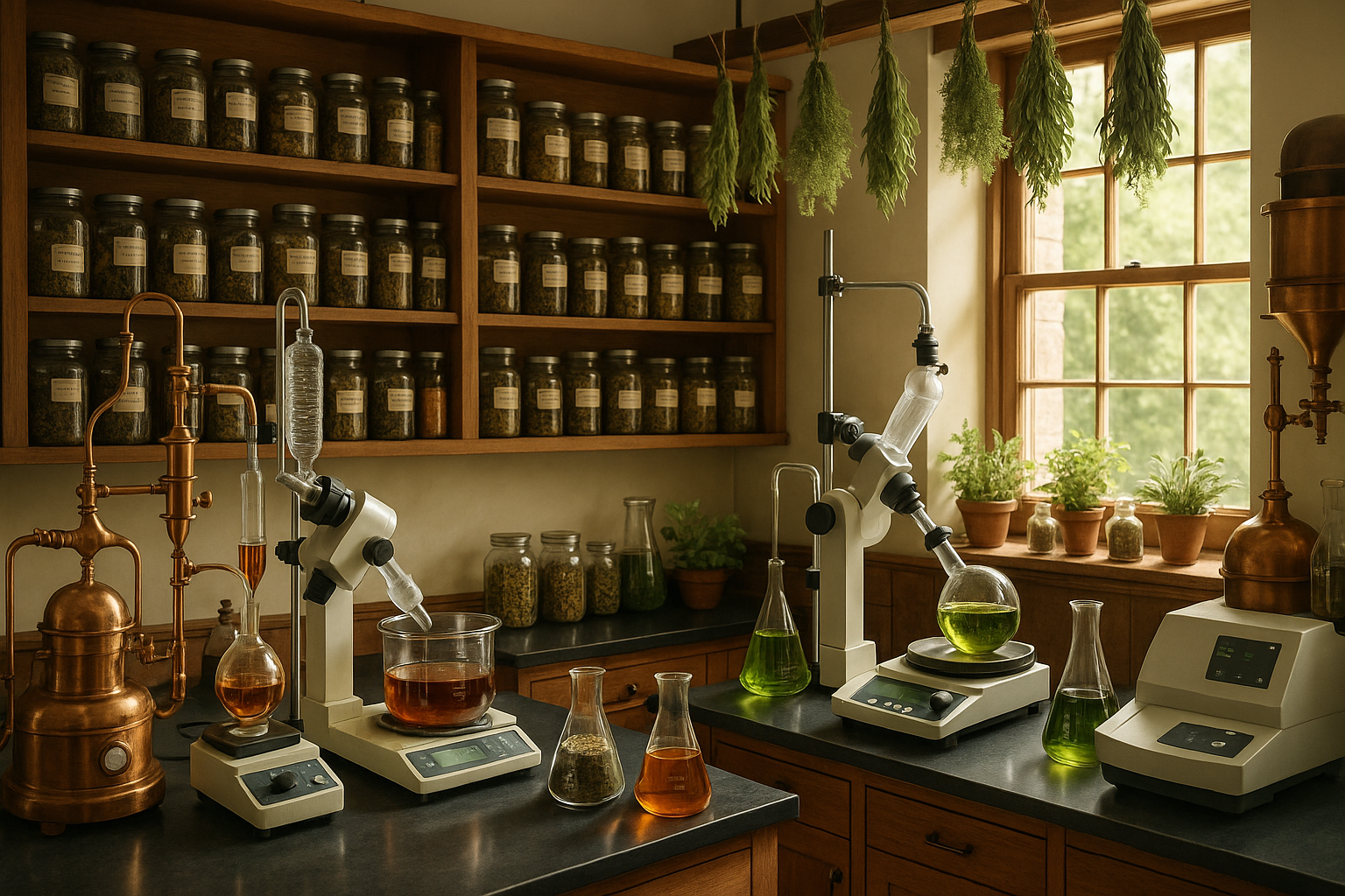 Create a image of a lab showing complex scientific equipment and herbs stacked on shelves, make it look realistic and beautiful to show herbal extraction.
