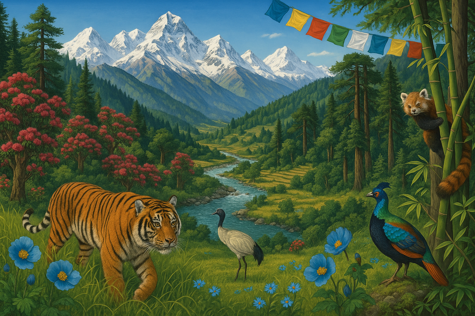 Generate a picture to show the rich bio-diversity of Bhutan.