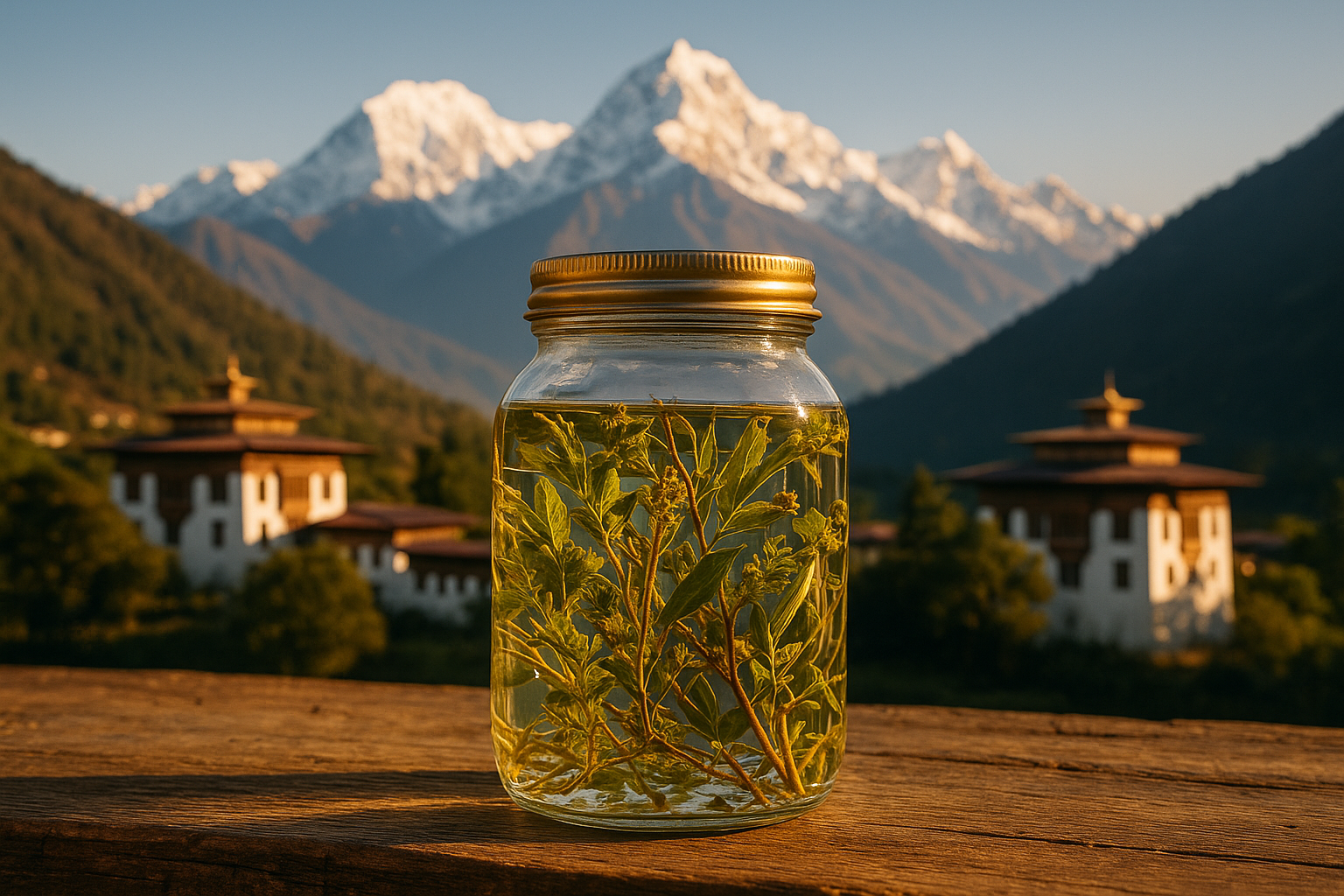 Herbs soaked in Vodka in a beautiful jar with the mountains of Bhutan in the background.