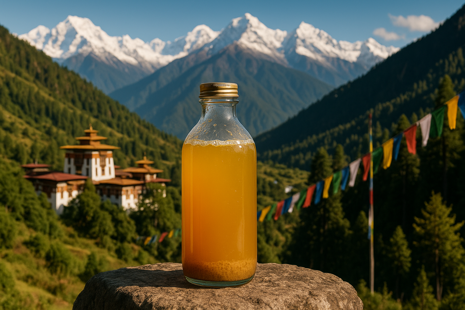 Raw and Unfiltered natural Apple Cider Vinegar in a clean bottle kept on a rock on a backdrop of Bhutan's landscape
